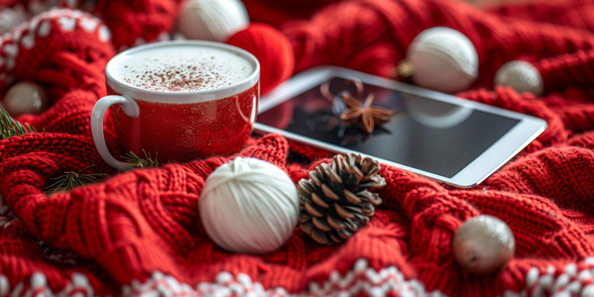 A festive Christmas table setting featuring a white cup of hot chocolate topped with whipped cream and cookies. A warm holiday atmosphere for a delightful seasonal experience.